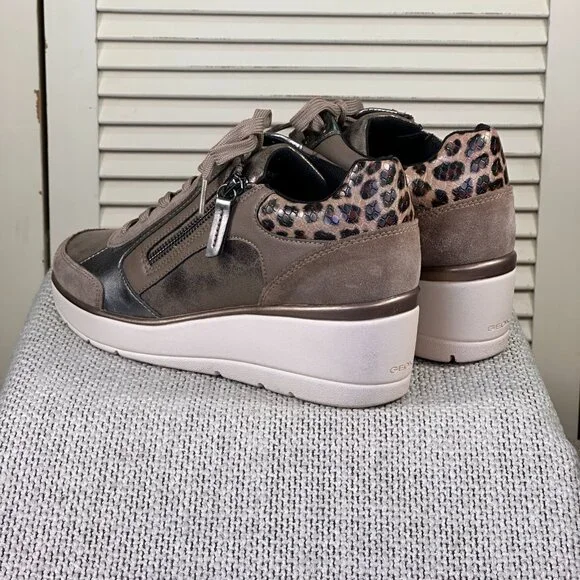 Geox Respira Ilde Dark Taupe Leopard Heeled Wedge Sneakers Italian Womens Size 9 - Picture 4 of 8